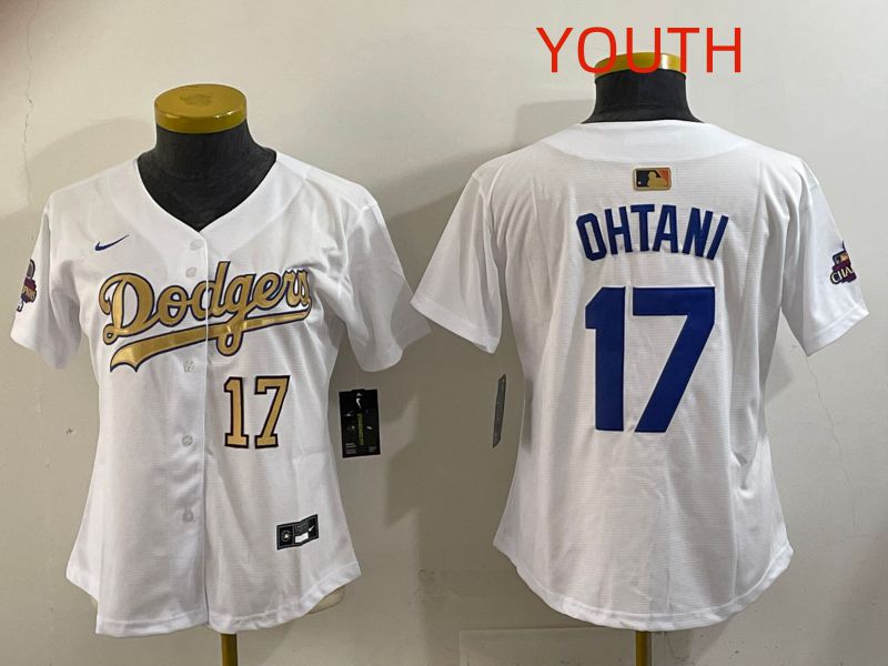 Youth Los Angeles Dodgers #17 Ohtani White Champion edition Nike MLB Jersey style 009